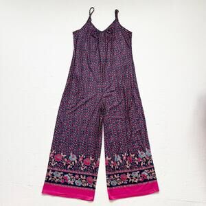 Pink Blue Floral Print Wide Leg Jumpsuit With Pockets, Size Small